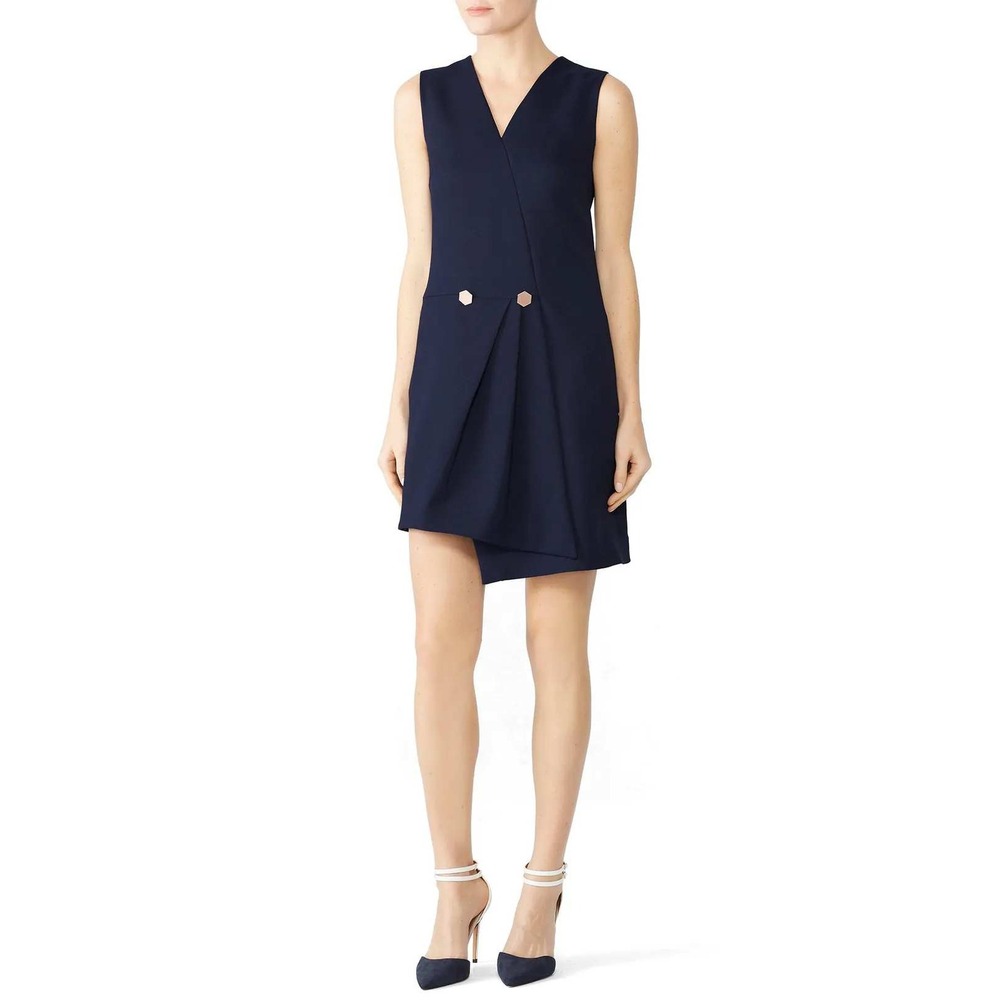 Osman London Sleeveless Wrap Gathered Mini Dress Asymmetric Hemline Navy Size 4